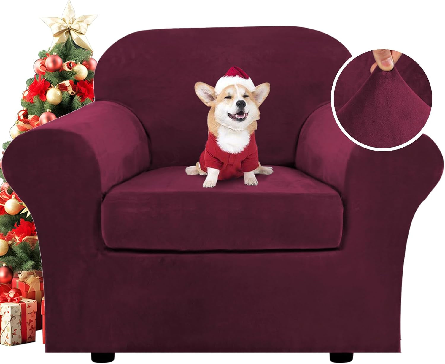 Rich Velvet Stretch 2 Piece Cover Chair Slipcover Sofa Cover Furniture Protector Couch Soft with Elastic Bottom Chair Couch Cover with Arms Width up to 49 Inch(Chair, Burgundy)