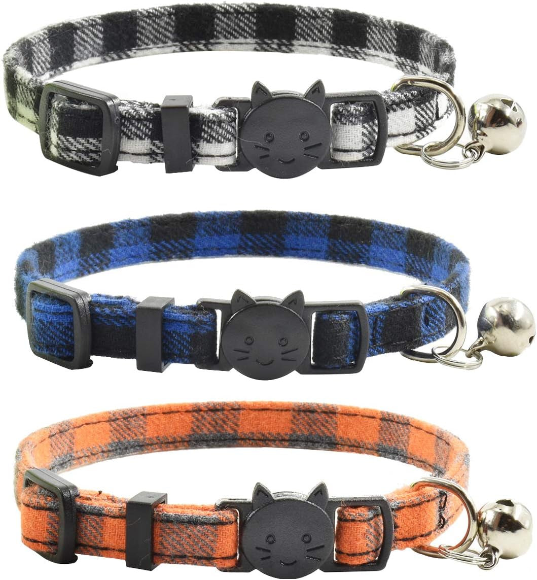 Breakaway Cat Collars with Bell, Set of 3, Durable & Safe Cute Kitten Collars Safety Adjustable Kitty Collar for Cat Puppy 7.5-11In (Black,Blue,Orange)