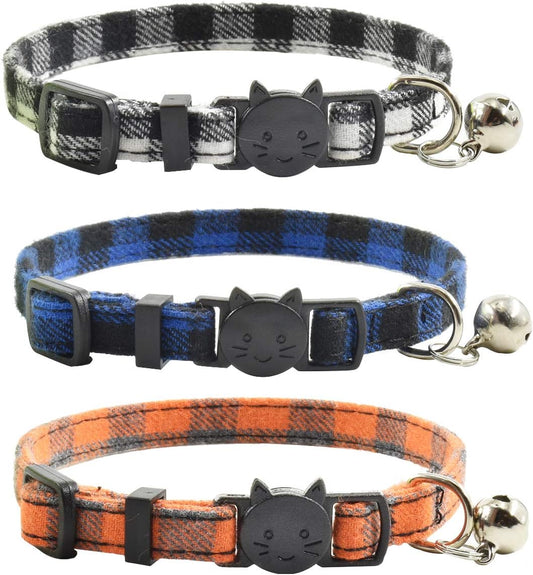 Breakaway Cat Collars with Bell, Set of 3, Durable & Safe Cute Kitten Collars Safety Adjustable Kitty Collar for Cat Puppy 7.5-11In (Black,Blue,Orange)