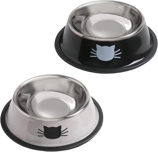 Cat Bowls for Food and Water,2Pcs  Non-Slip Stainless Steel Small Food Bowls 8 Oz Pet Bowl with Removable Rubber Base Dog Bowl,Stackable Cat Puppy Dishes Bowls with Cute Cats Painted