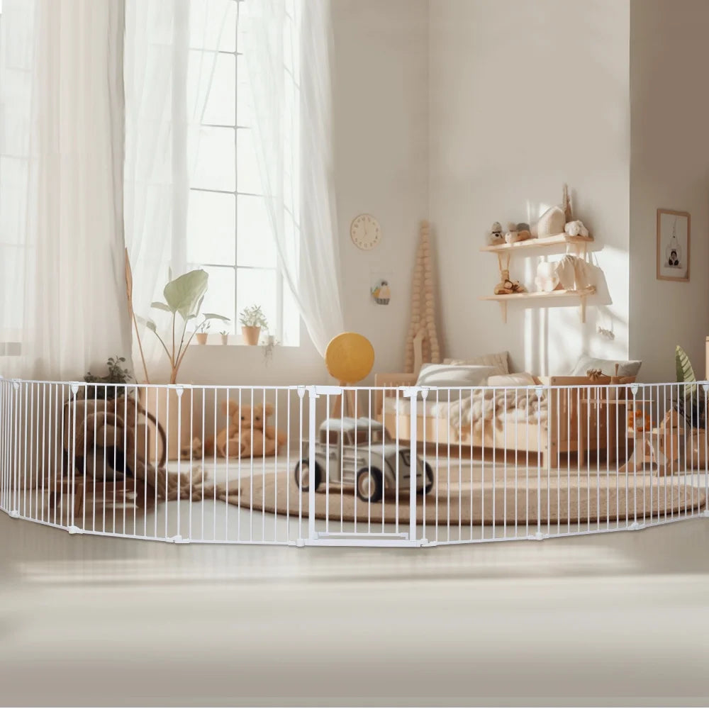 Baby Gates, 8Panel 198" Extra Wide 30" Tall Baby Gates Fireplace Fence Toddler Playard, White