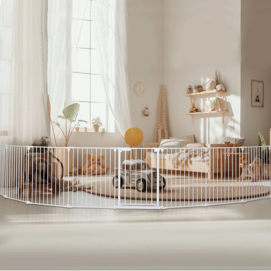 Baby Gates, 8Panel 198" Extra Wide 30" Tall Baby Gates Fireplace Fence Toddler Playard, White