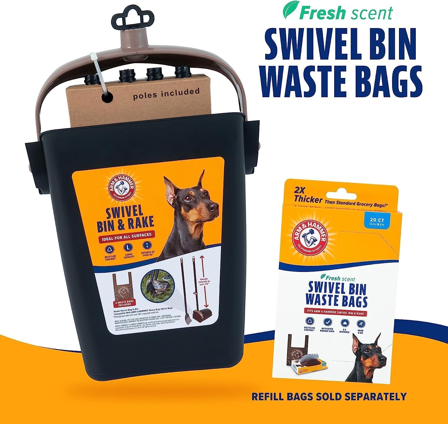 Dog Pooper Scooper Swivel Bin & Rake, Poop Scoop for Dogs, Black (2 Heavy Duty Scented Waste Bags Included)