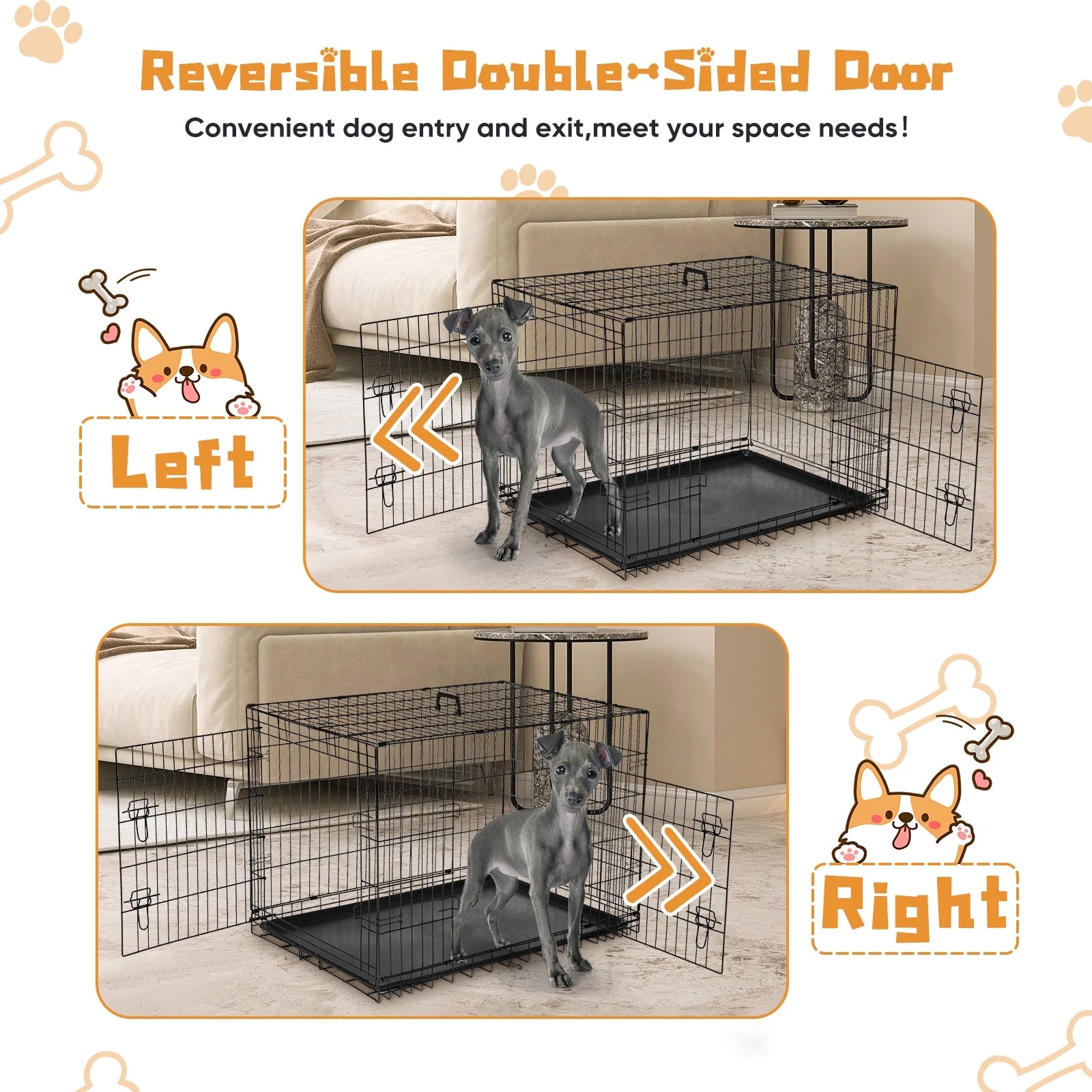 Big Dog Crate with Divider Panel, 48 Inch Double Door Folding Metal Wire Dog Cage with Plastic Leak-Proof Pan Tray