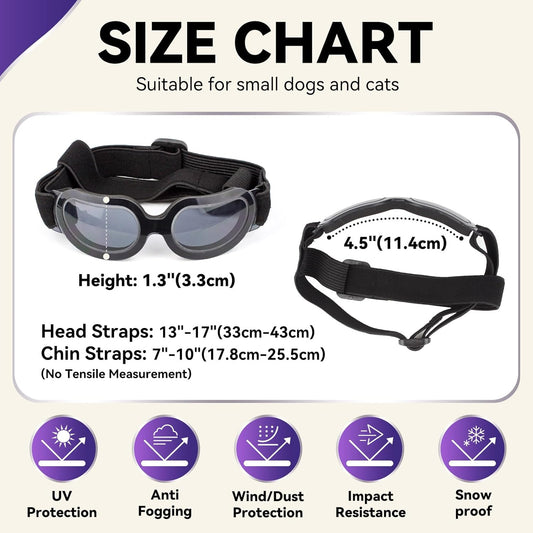 Dog Sunglasses Small Breed, Anti-Uv Puppy Goggles for Small Dogs, Windproof Outdoor Dog Eye Protection for Driving Biking, Adjustable Head Straps, Cool Black