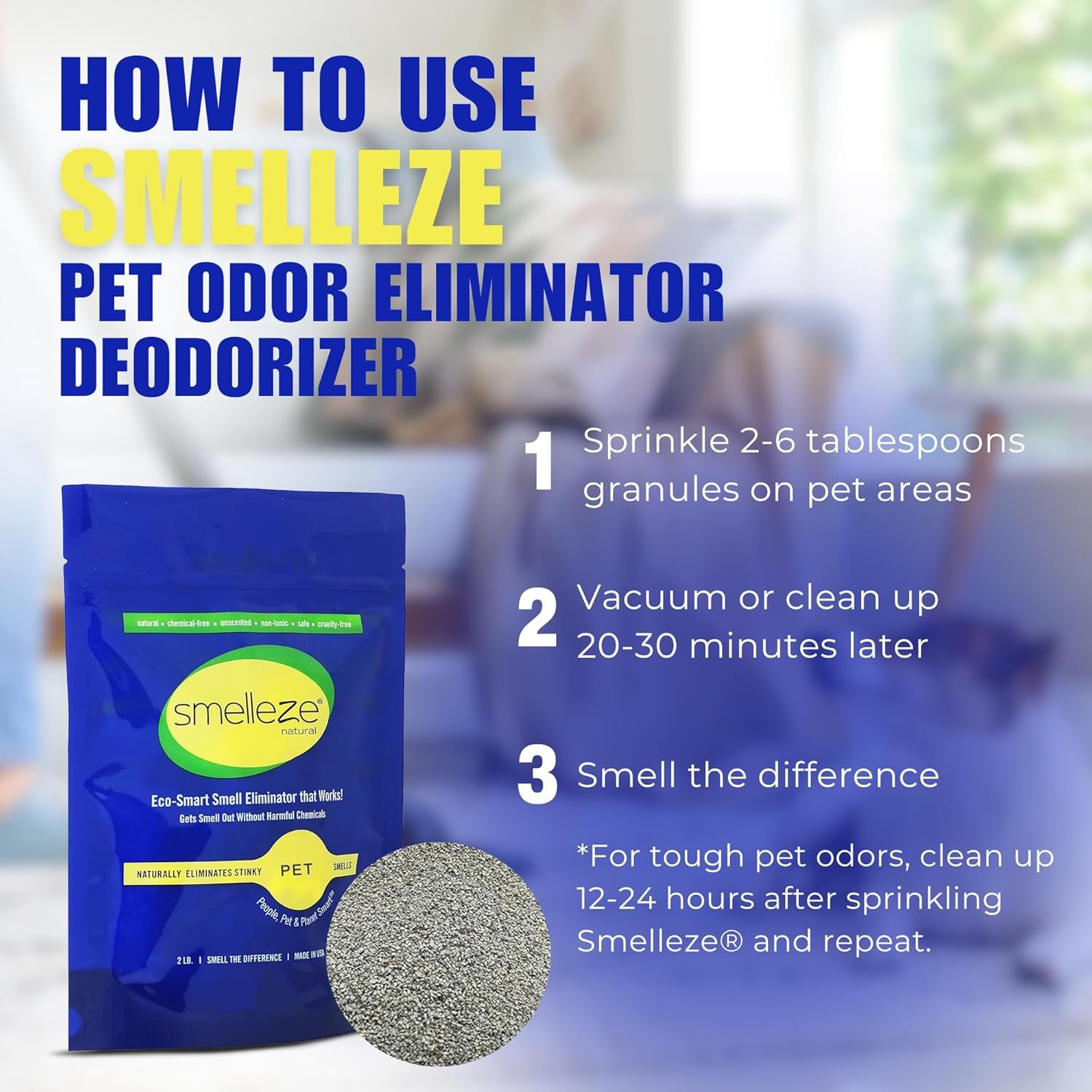 Natural Pet Odor Eliminator Deodorizer: 2 Lb. Unscented Granules Rids Strong Pet Waste Stench. Perfect for Pet or Small Animal Habitats. Mix with Bedding.