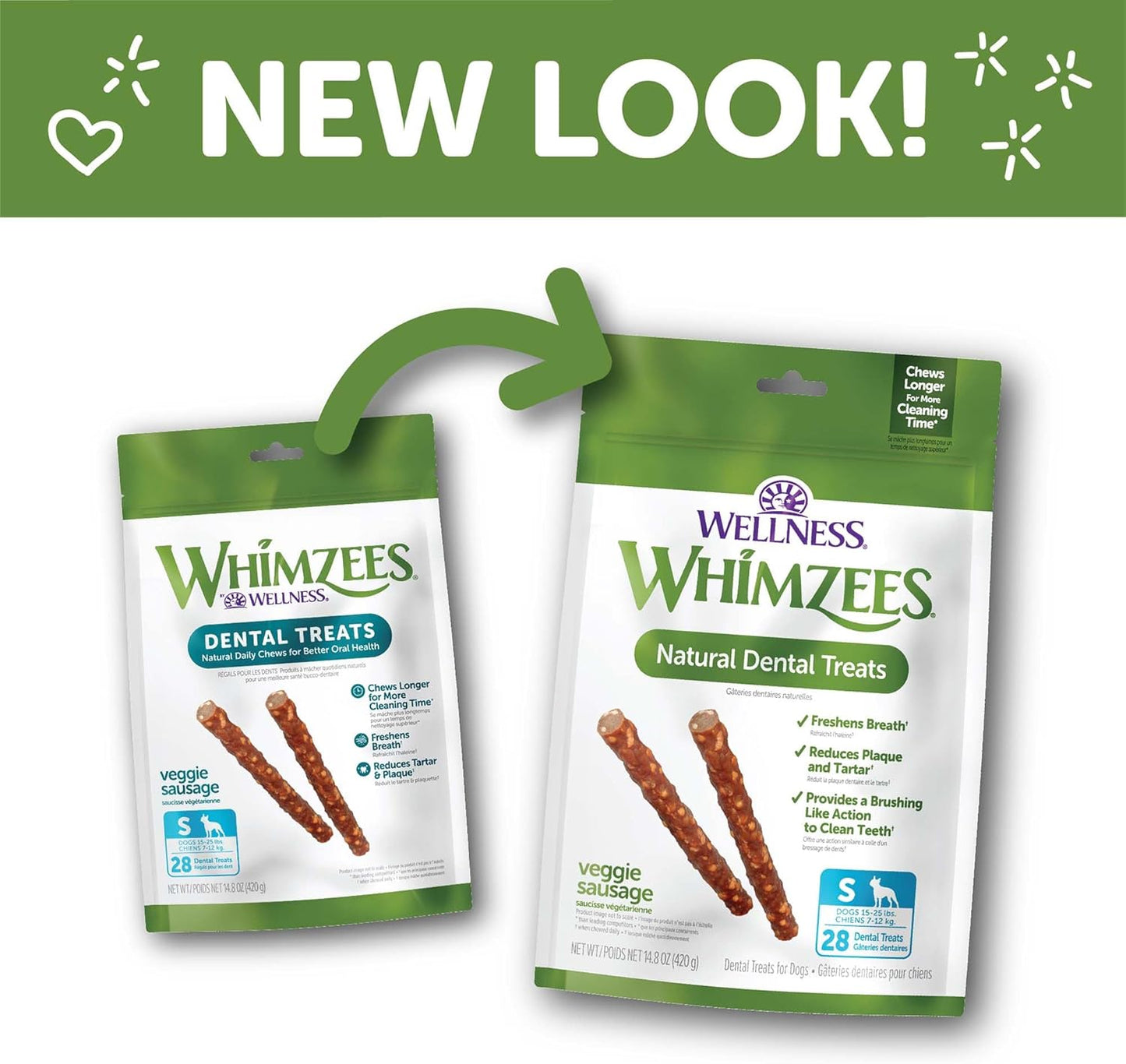 Wellness Veggie Sausage Dog Dental Treats, Natural Chews, Small Size Stick, (28 Count)