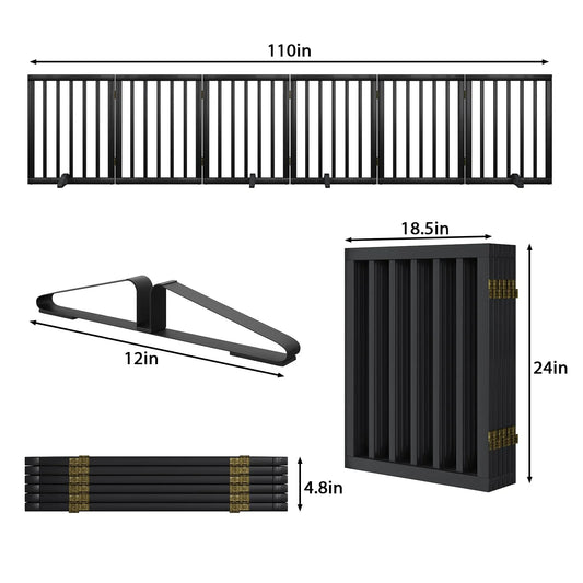 Bamboo Dog Gate Freestanding Pet Gate with 2 Support Feet for Doorways,Black,24"H,6 Panel