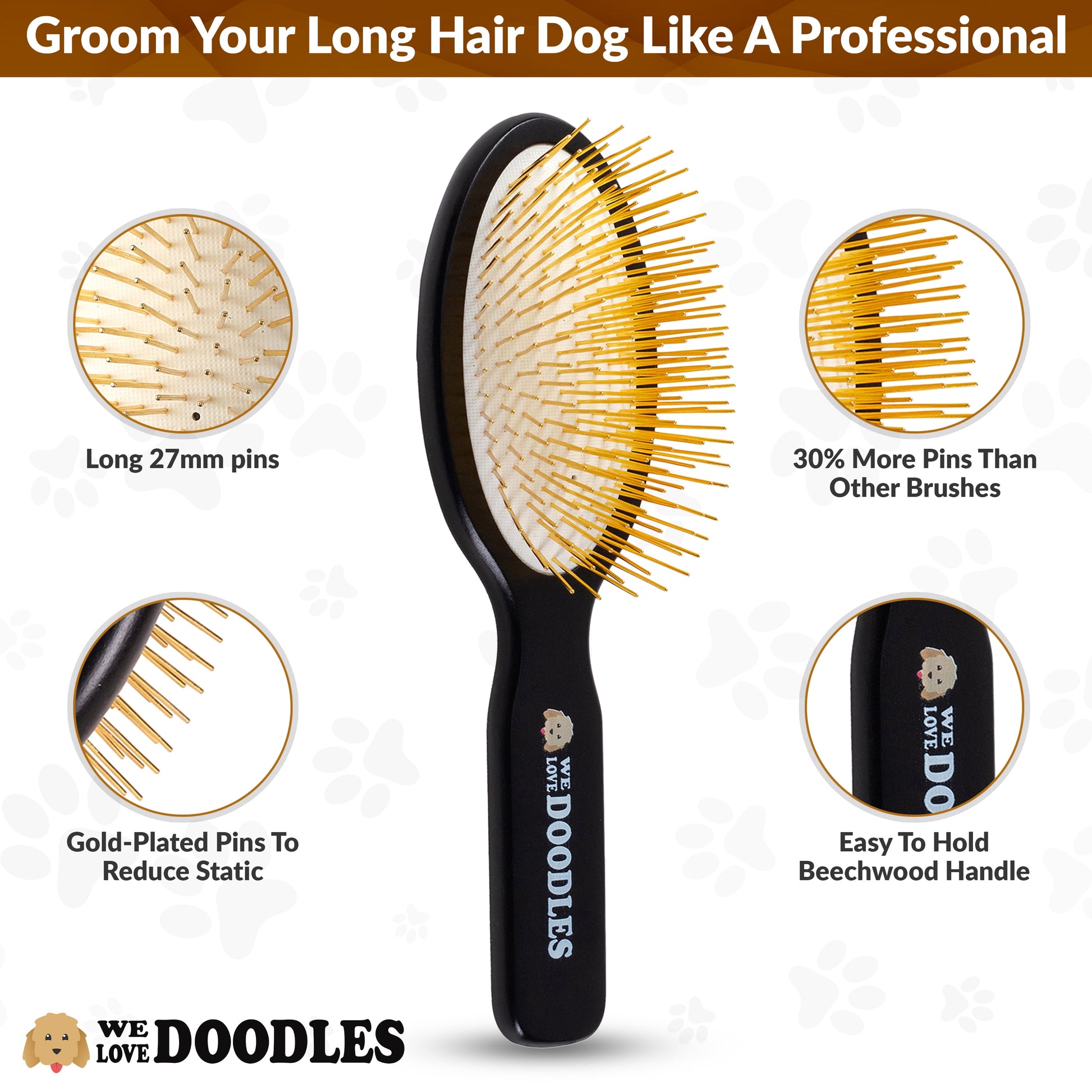 Pin Brush for Dogs, Pet Grooming Detangler Pin Dog Brush, Dog Brush for Shedding & Loose Fur, Gold Pins Long Haired Pets