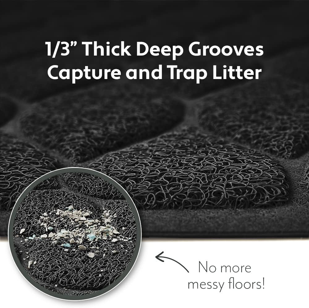 Waterproof BPA Free Cat Litter Box Trapping Mat, Easy Clean Floors, Textured Backing, Soft on Sensitive Kitty Paws, Cats Accessories, Less Waste, Stays in Place, 35X23, Black