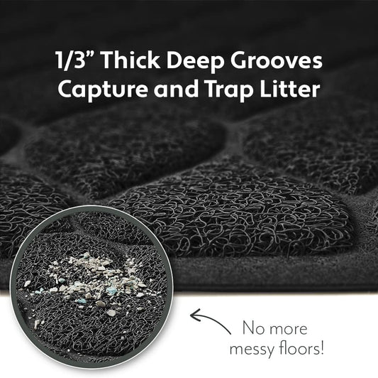 Waterproof BPA Free Cat Litter Box Trapping Mat, Easy Clean Floors, Textured Backing, Soft on Sensitive Kitty Paws, Cats Accessories, Less Waste, Stays in Place, 35X23, Black