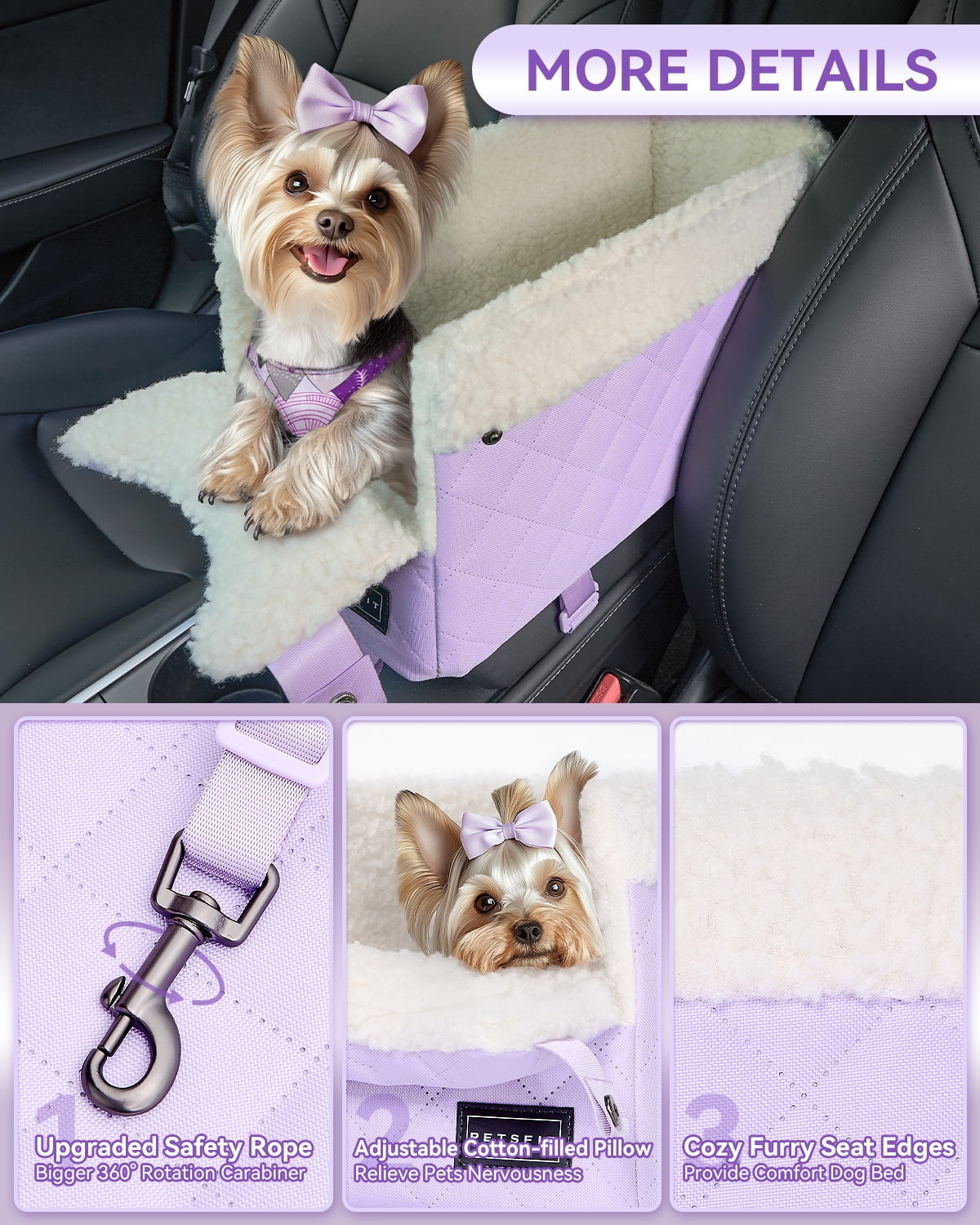 Cat Car Seat with Safe Protection Hooks, Center Console Dog Car Seat with Upgraded Safety Tethers, Washable Cushion, Dog Car Seats for Small Dogs up to 9 Lbs (Purple)