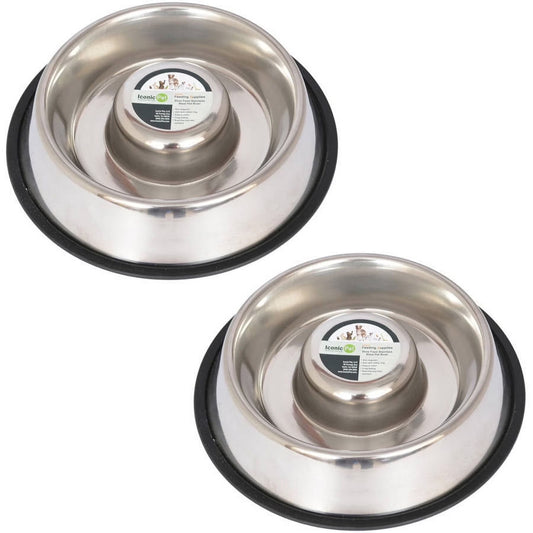 2-Pack Slow Feed Stainless Steel Pet Bowl for Dog or Cat, Medium, 24 Oz