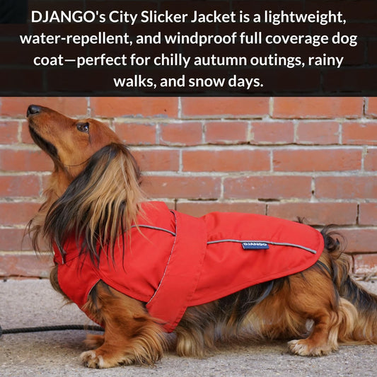 Dog Jacket & Raincoat – Lightweight Water-Resistant Coat for Small, Medium & Long Dogs like Dachshunds – Reflective, Adjustable Fit, Harness-Compatible & Easy-Access Harness Hole - Red, Small