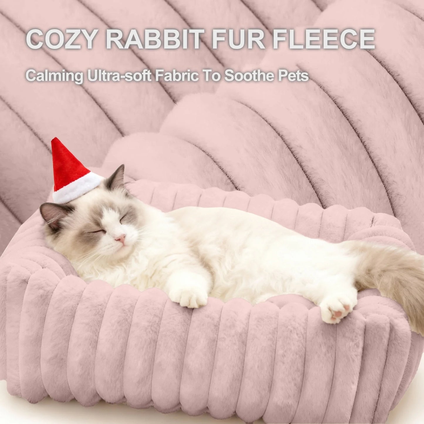 Cat Bed for Indoor Cats Furry Corduroy Fleece Orthopedic Pet Bed Sofa Removable Washable Cover Non Skid Bottom, Pink