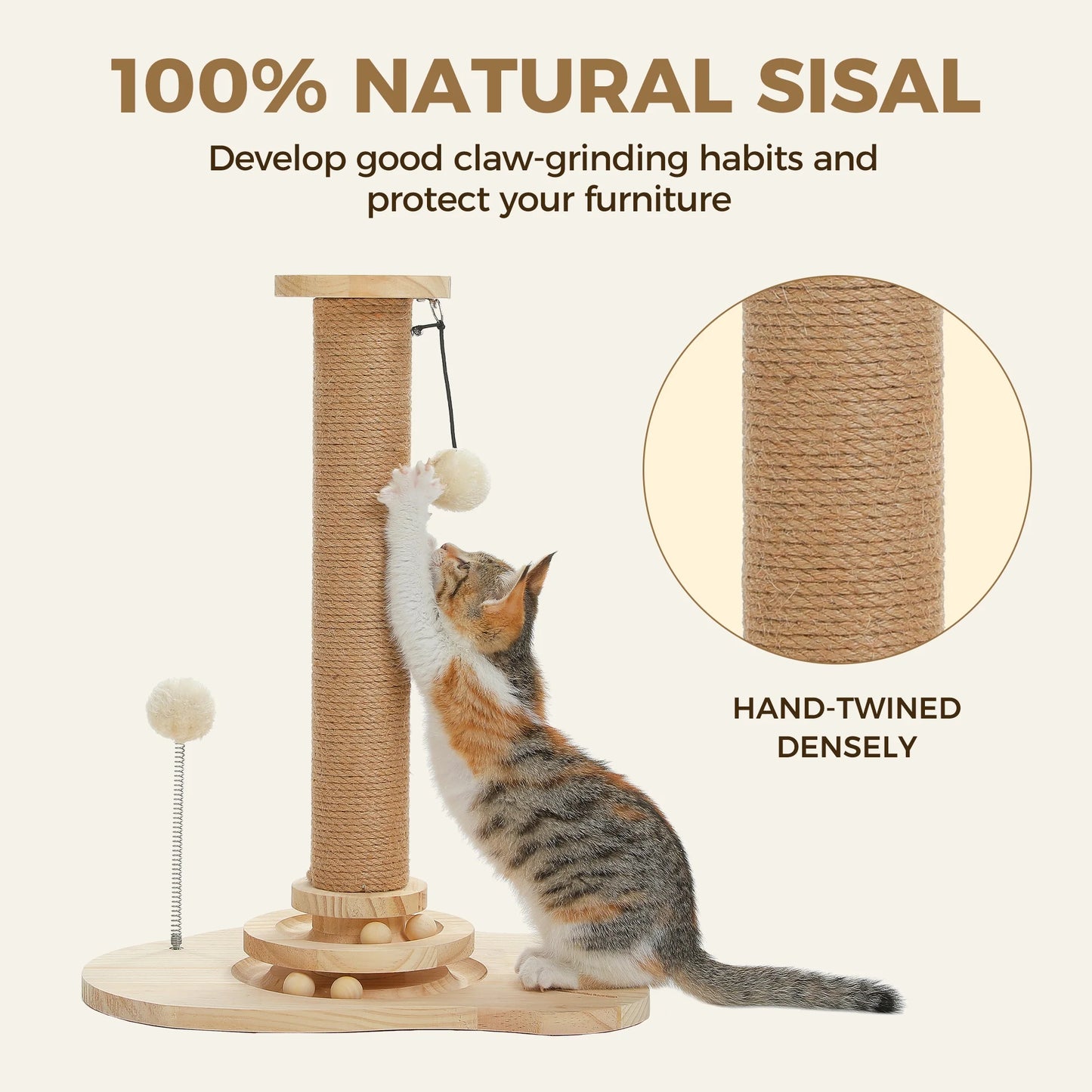 19.3" Cat Scratching Post with Ball Track Toy for Kittens and Small Cats, Beige