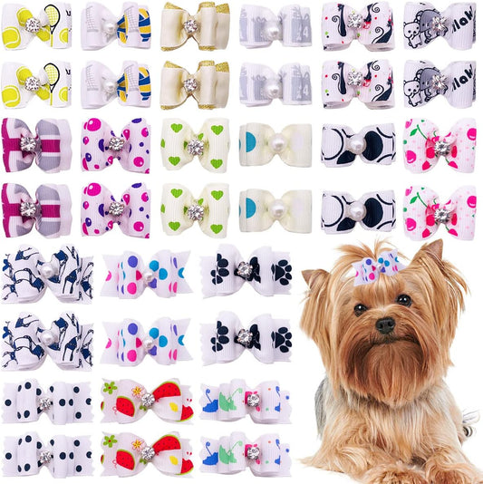 20Pcs Small Dog Hair Bows with Rubber Bands Puppies Doggies Cats Topknot Bowknot Matching Hair Grooming Accessories for Boy Girl Pomeranian Yorkie Poodle Maltese Shih Tzu Groomer