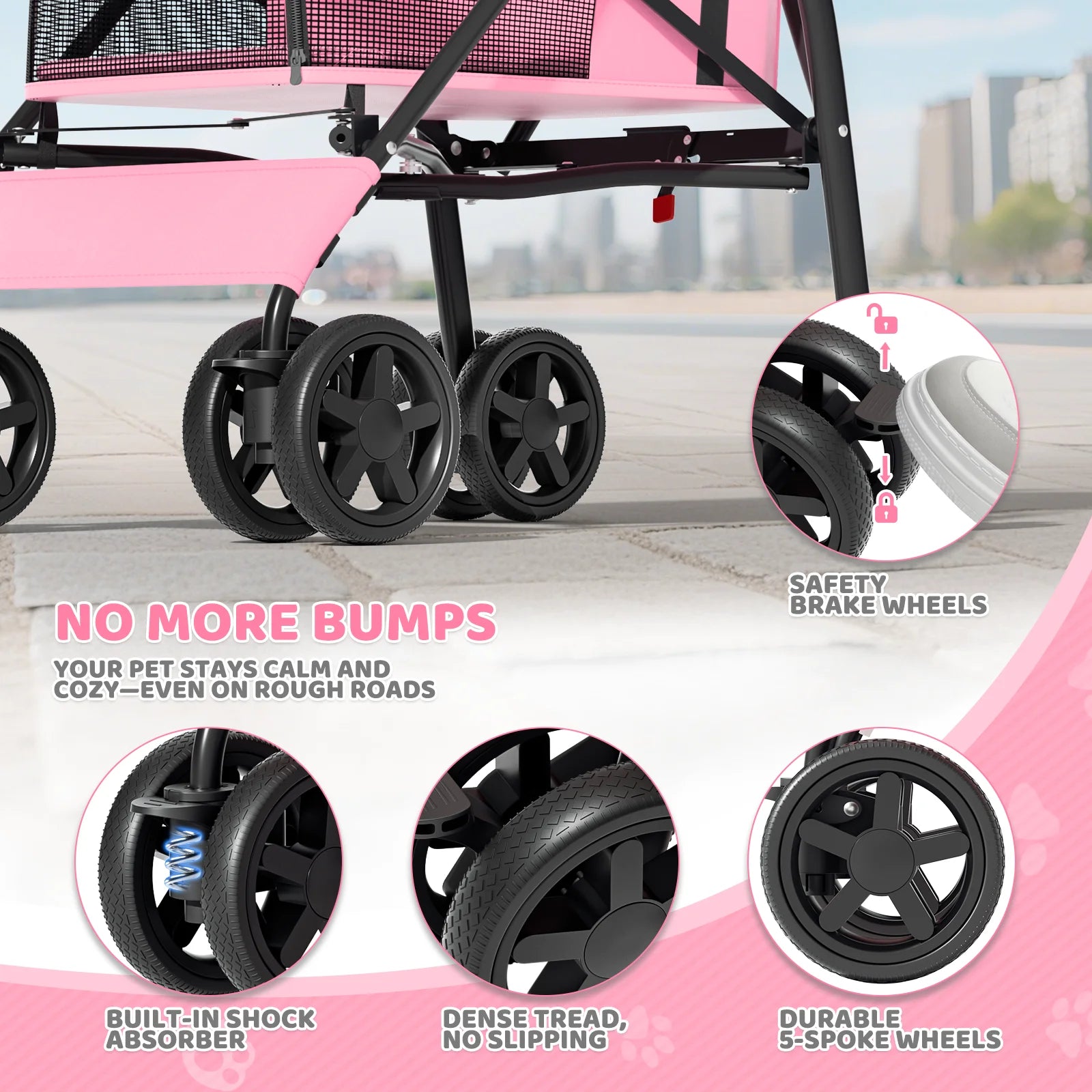 4 Wheel Foldable Lightweight Dog Stroller for Small Medium Dogs, Pet Stroller, (Pink)
