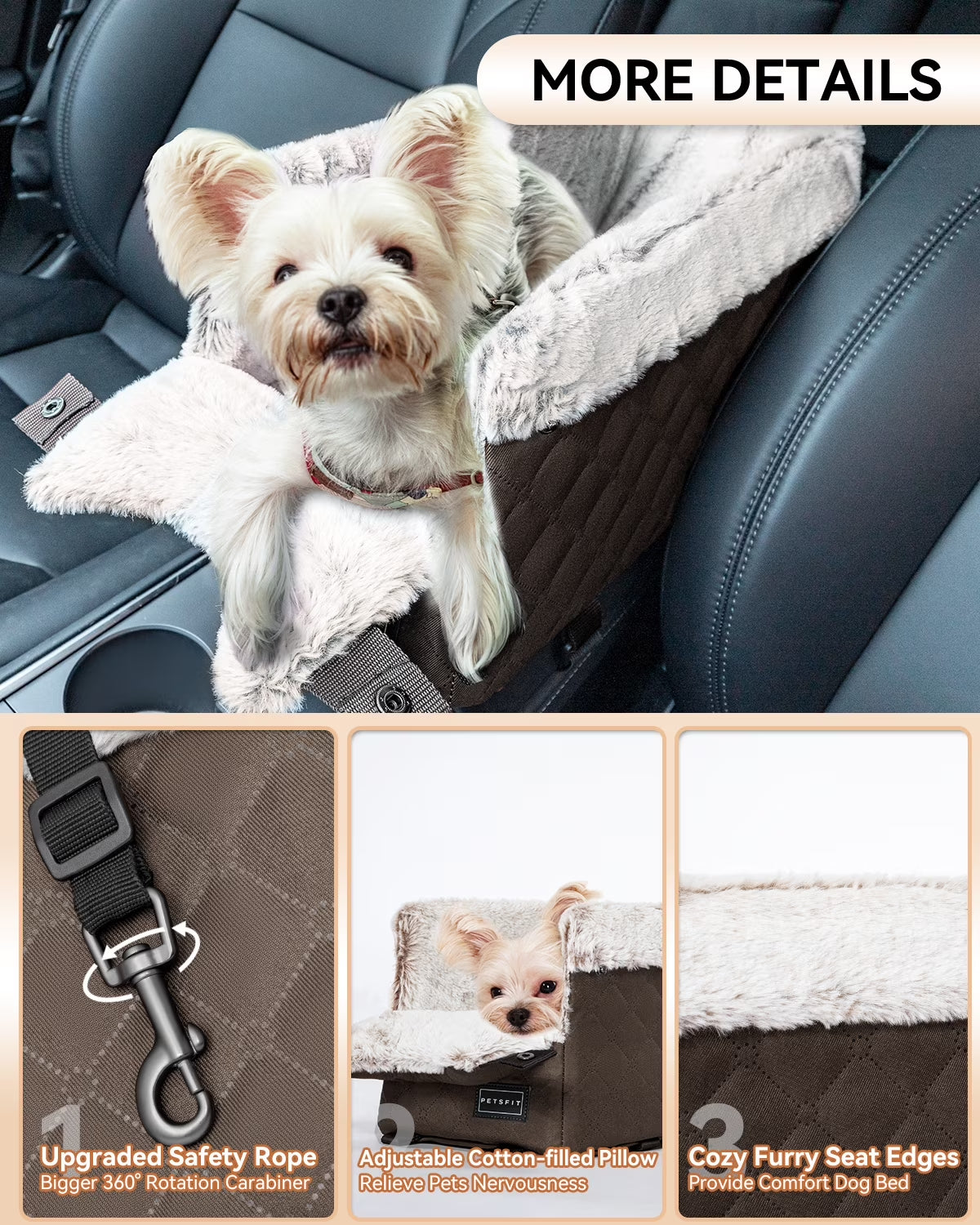 Center Console Dog Car Seat with Safe Protection Hooks, Pet Car Seat with Upgraded Safety Tethers, Washable Cushion, Console Dog Car Seats for Small Dogs (Coffee)