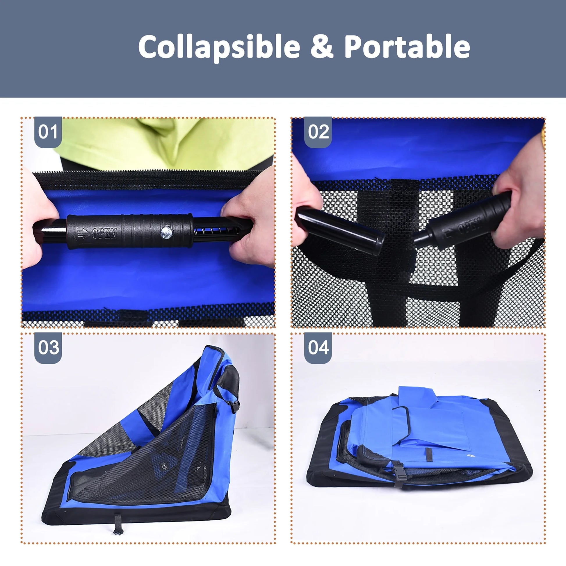 : 30" Soft Pet Crate - Blue - Dogs & Cats up to 50 Lbs, 3 Door Folding Kennel, Indoor Outdoor Travel Carrier, Mesh Windows, Fleece Mat, Goopaws