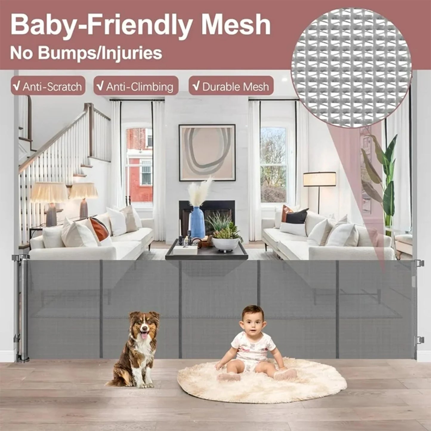 Retractable Baby Gate, 120In Baby Safety Gate for Stairs Doorways,34Inch Tall Metal Dog Gate,Extra Wide,Gray
