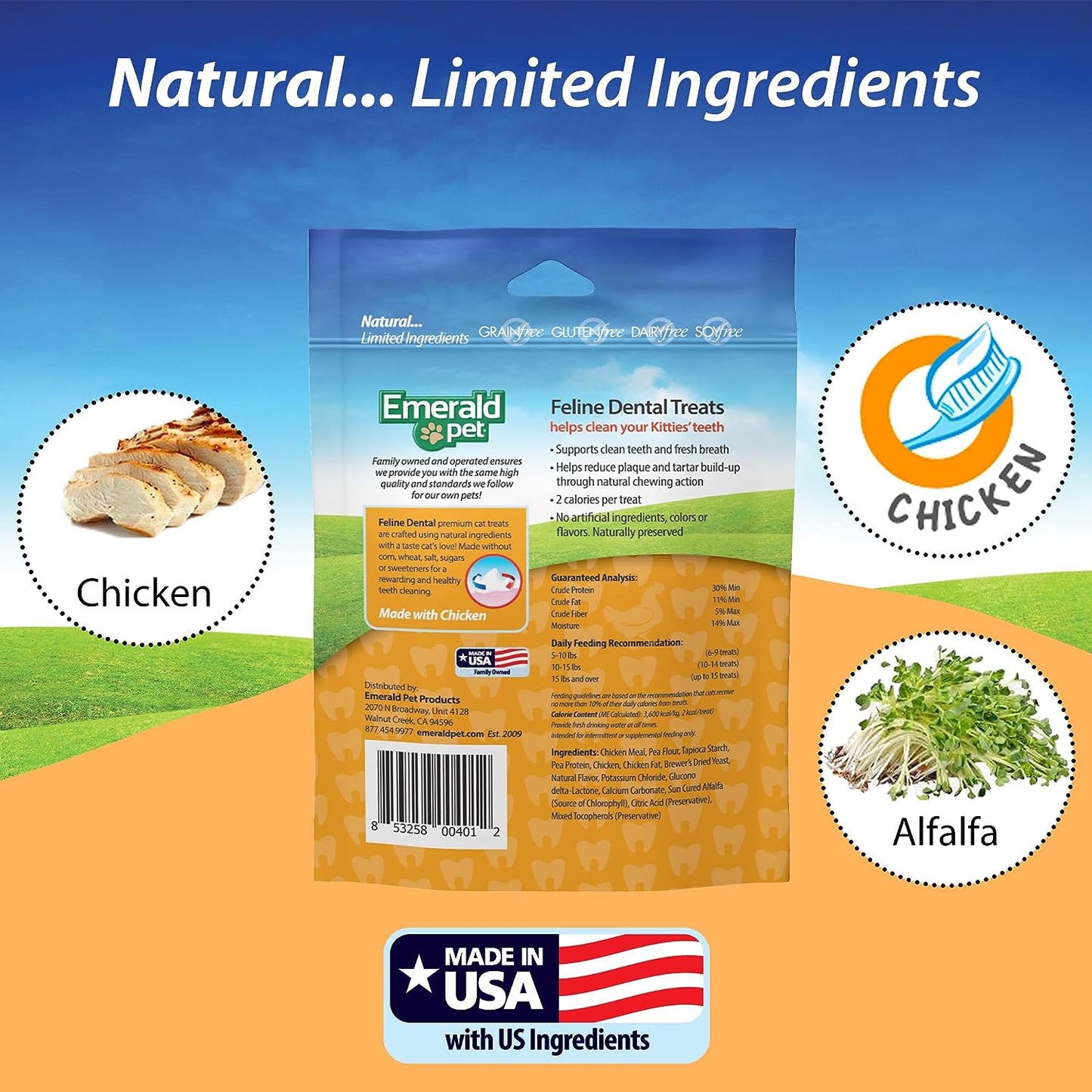 Feline Dental Treats — Tasty and Crunchy Cat Dental Treats Grain Free — Natural Dental Treats to Clean Cat Teeth, Freshen Cat Breath, and Reduce Plaque and Tartar Buildup — Chicken Treats, 3 Oz