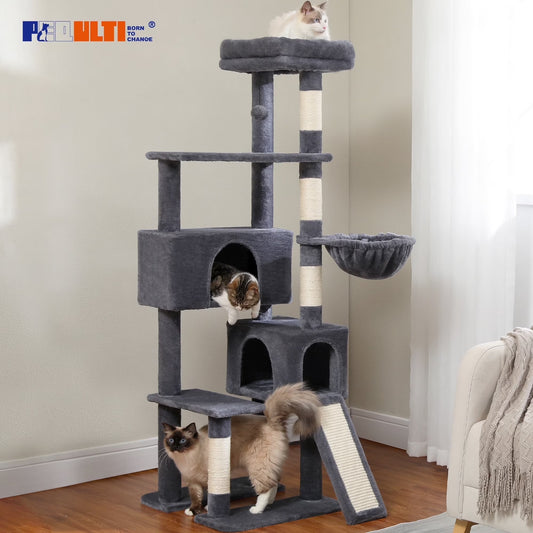 61" Modern Cat Tree Large Cat Tower with Ladder and Dual Condos Indoor Dark Gray