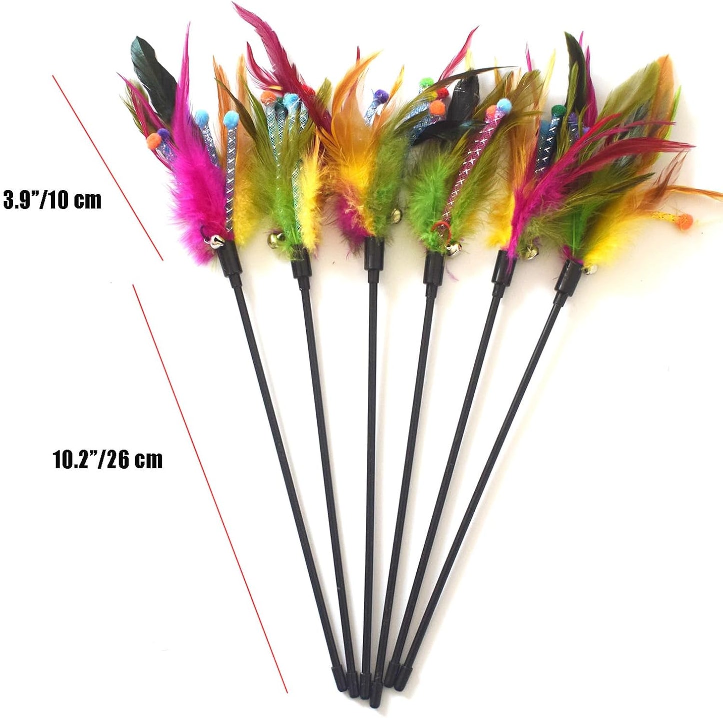 Cat Wands, 6 PCS Natural Feather Stick Interactive Kitten Toys with Bell Safe Cat Teaser Wand for Indoor, All Breed Sizes