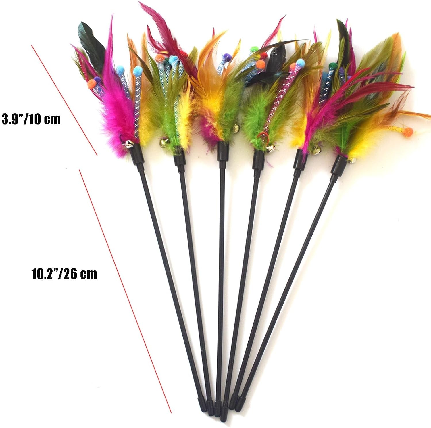 Cat Wands, 6 PCS Natural Feather Stick Interactive Kitten Toys with Bell Safe Cat Teaser Wand for Indoor, All Breed Sizes