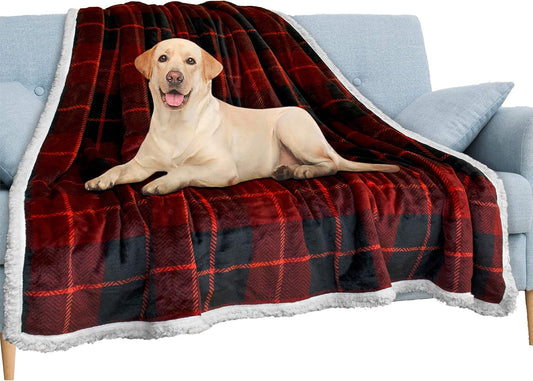 Waterproof Blanket for Couch & Sofa | Large Dog & Cat Protector | Plush Soft Sherpa Blanket, Plaid Red, 60X80