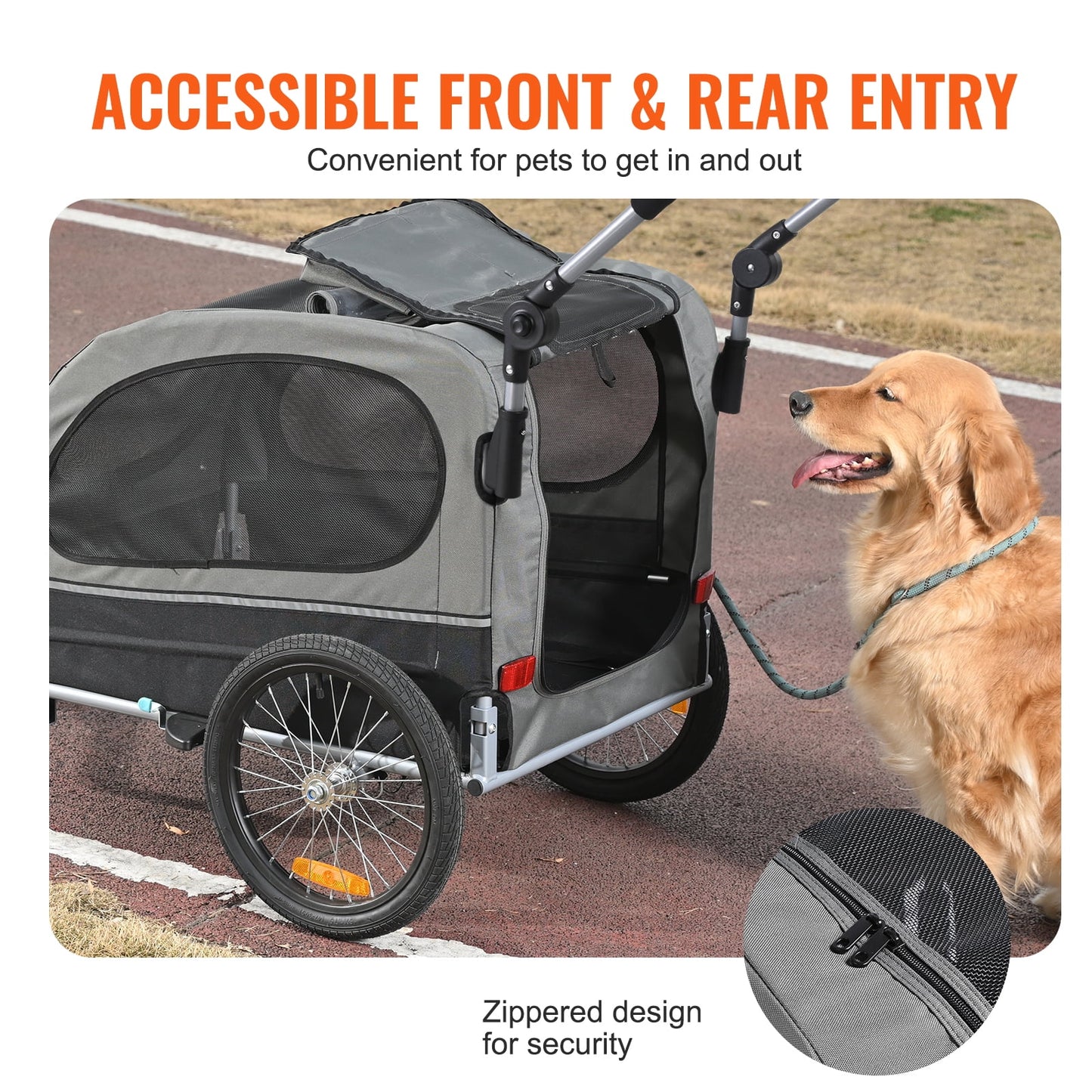 Pet Bike Trailer, up to 88 Lbs Capacity, Dual-Function Dog Stroller and Bicycle Hitch, Foldable Frame with Snap-On Wheels, Includes Bike Attachment, Safety Reflectors, and Flag, Black/Gray