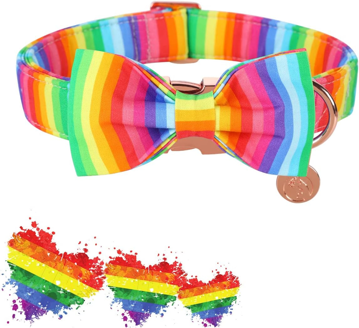 Rainbow Dog Collar with Pretty Bow Tie for LGBT Pride Month - Adjustable and Comfortable Collar for Large Medium Small Dog,Xs