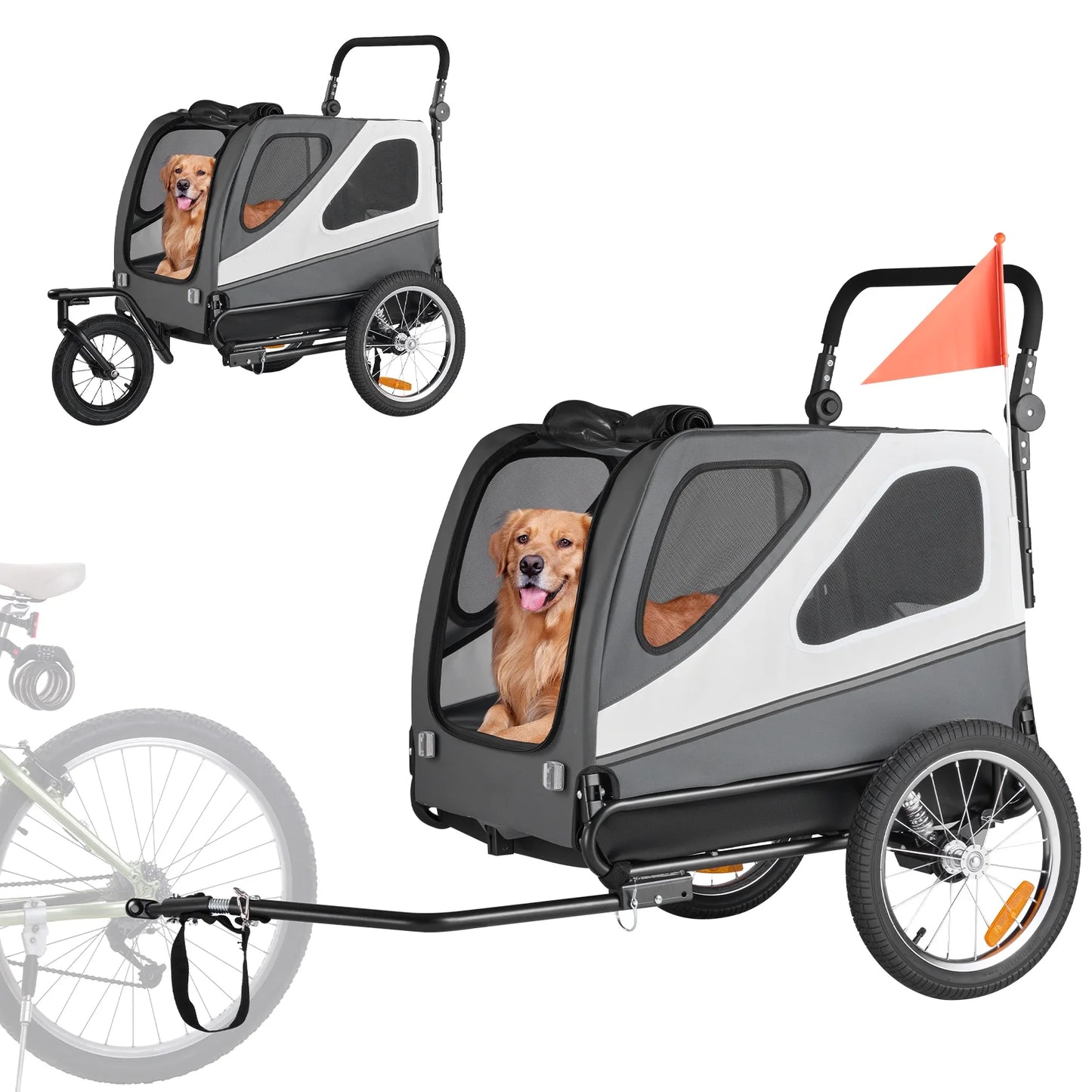 Dog Bike Trailer, Holds up to 100 Lbs, 2-In-1 Pet Stroller and Bicycle Carrier for Small and Large Dogs, Foldable Frame with Quick-Release Wheels, Universal Bike Hitch, Built-In Safety Leash