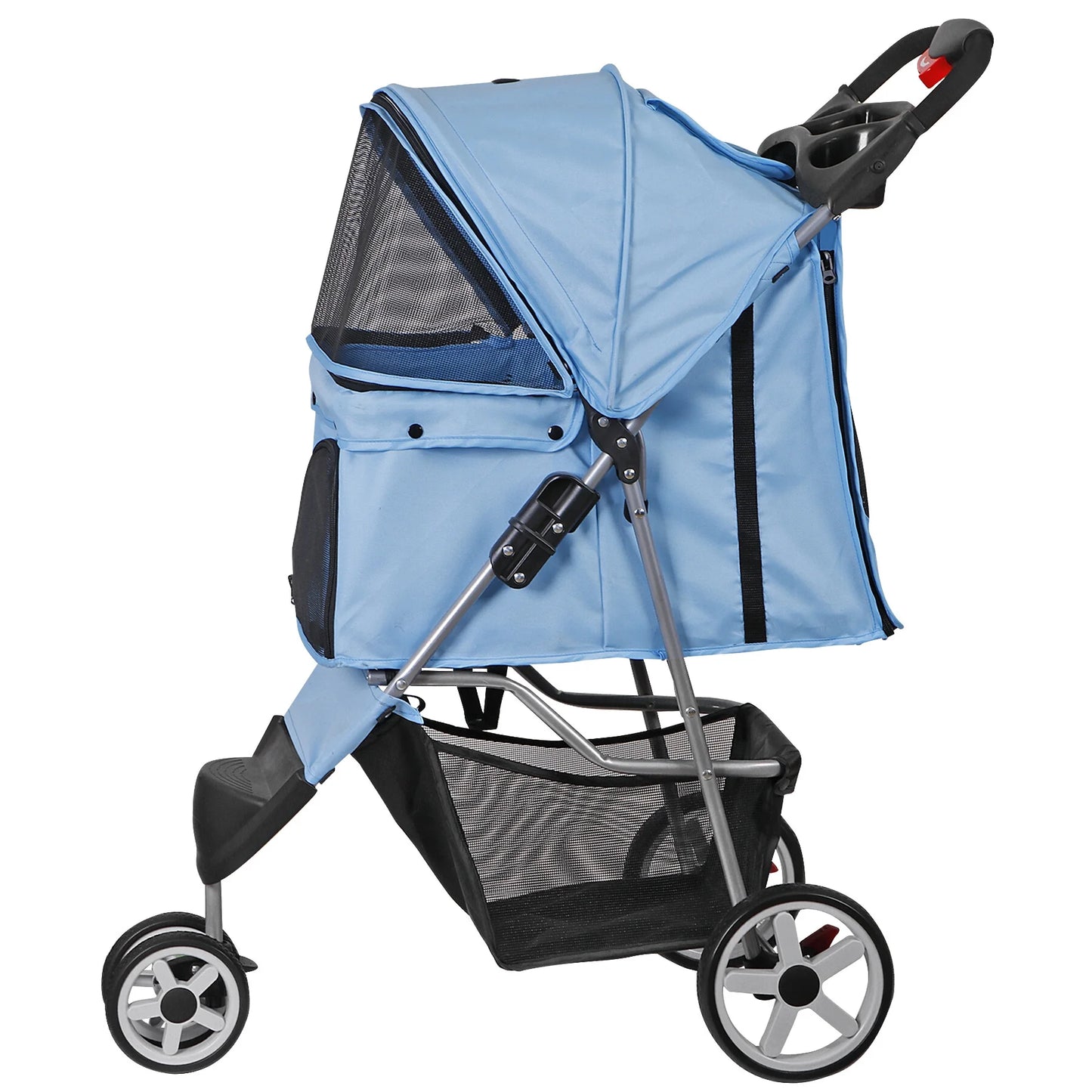 3 Wheels Foldable Pet Stroller for Small Dog Max. 33Lbs W/Storage Basket, Blue