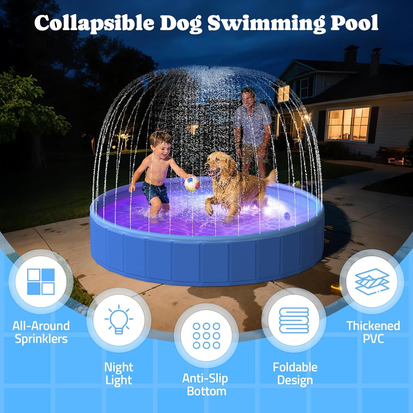 87" Foldable Dog Pool with Sprinkler & RGB LED Light, Collapsible Hard Plastic Swimming Pool for Small Large Dogs Cats and Kids, Portable Pet Bathing Tub Wading Pool for Backyard Camping Blue