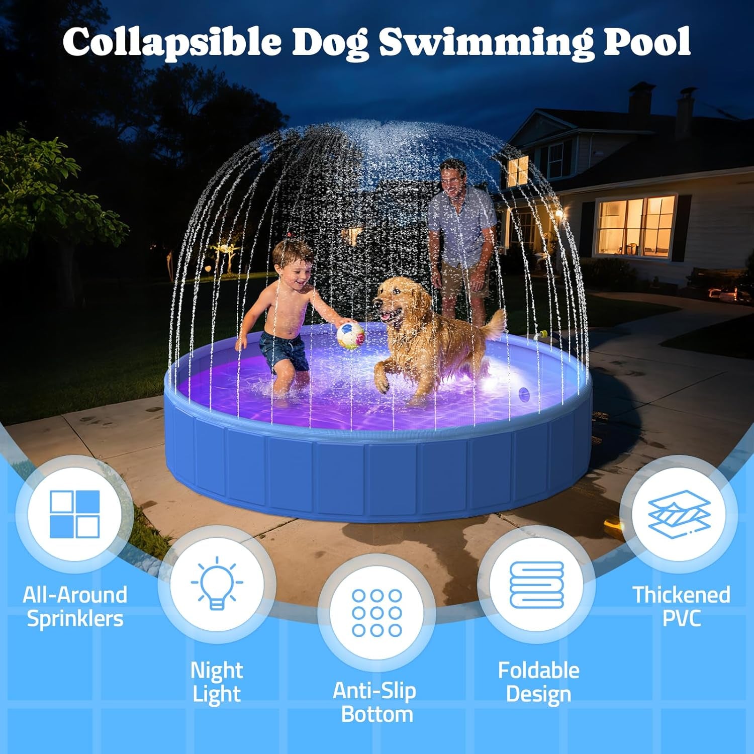 87" Foldable Dog Pool with Sprinkler & RGB LED Light, Collapsible Hard Plastic Swimming Pool for Small Large Dogs Cats and Kids, Portable Pet Bathing Tub Wading Pool for Backyard Camping Blue