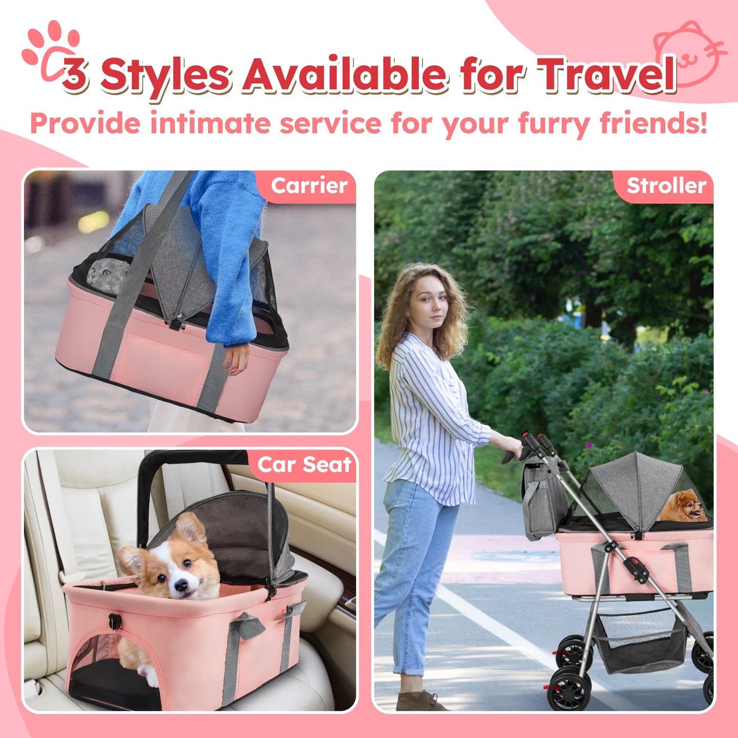 4 Wheels Foldable Pet Stroller 3 in 1 with Waterproof Detachable Pets Travel Carrier for Small/Medium Dogs Cats up to 60Lbs, Pink