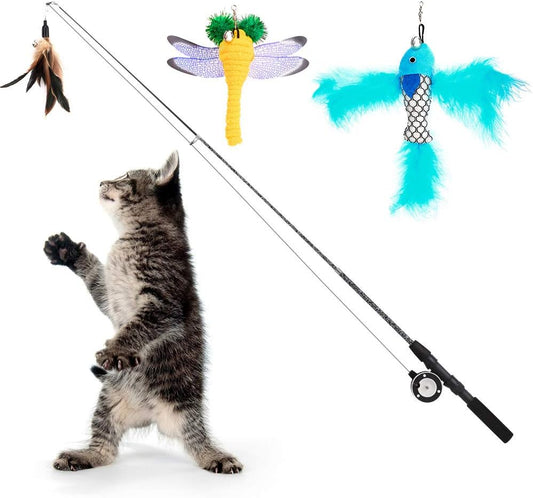 Cat Feather Toys, 4 Pack Interactive Cat Feather Teaser Wand Toys, Retractable Fishing Pole Wand Catcher Exerciser with Refill Fish, Dragonfly Worm with Bells, Fun Cat Kitten Kitty Playing Toy