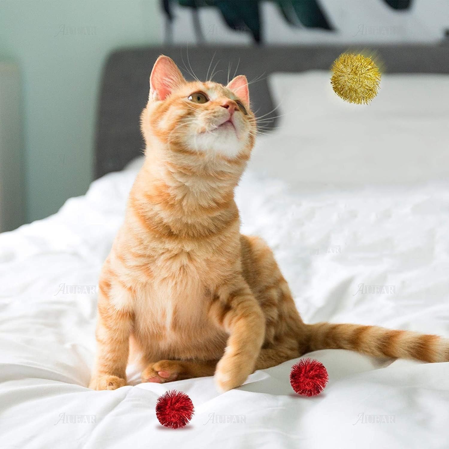 , 12 Pack 2 Inch Sparkle Ball Shiny Glitter Tinsel Pom Poms Interactive Cat Balls for Kittens (4 Colors, 12 Inch-12 Pack)