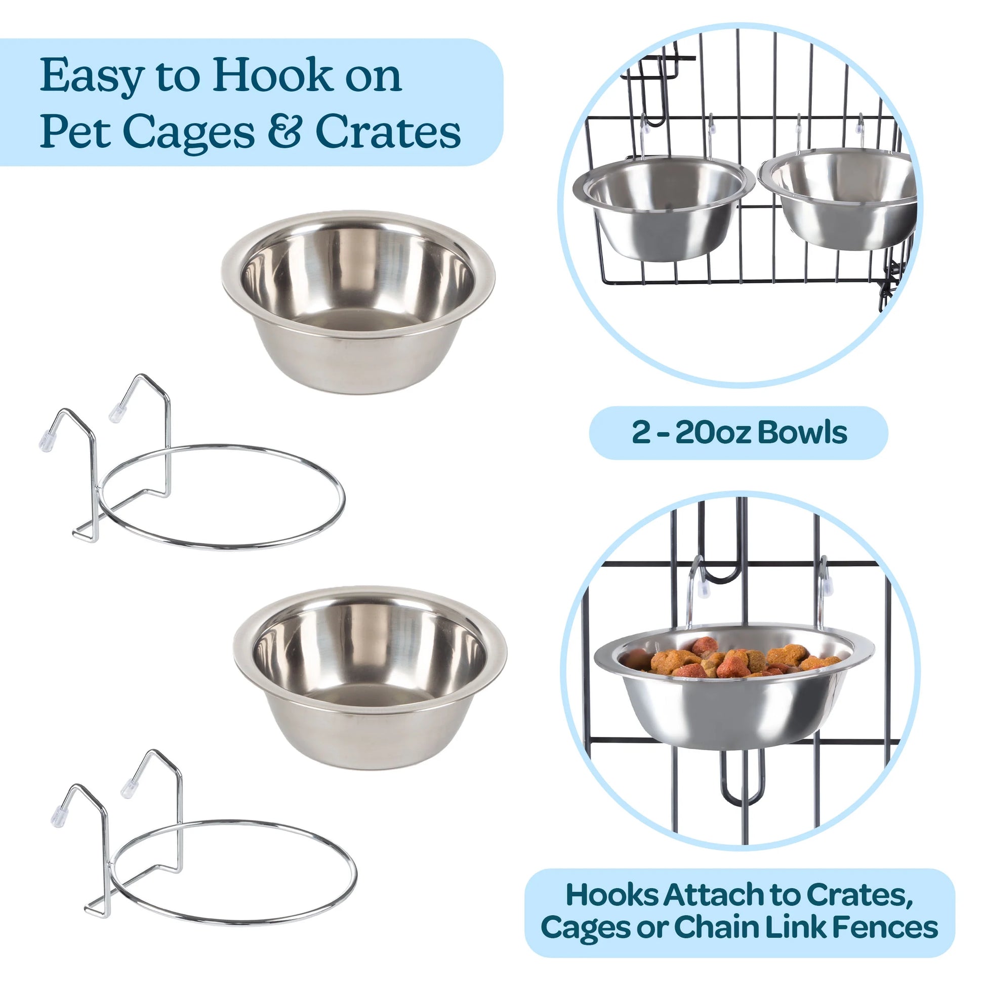 Set of 2 Stainless-Steel Hanging Dog Bowls - 20Oz Each