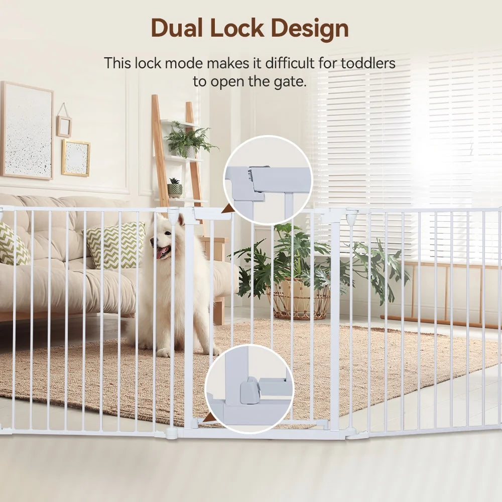 Baby Gates, 8Panel 198" Extra Wide 30" Tall Baby Gates Fireplace Fence Toddler Playard, White