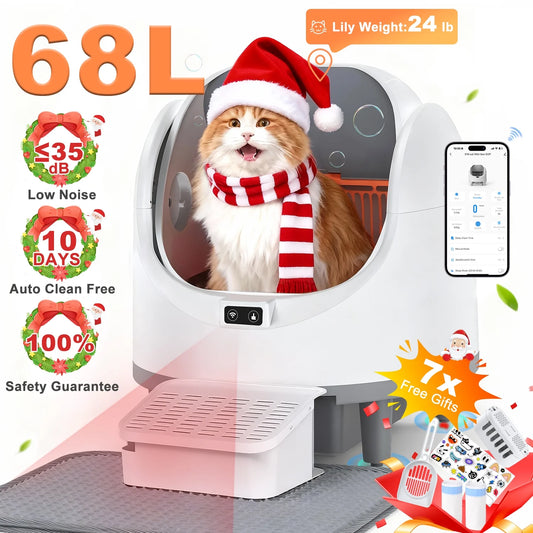 Automatic Cat Litter Box, 68L Open-Top Litter Box for Multi Cats with APP Control, Weight Monitoring and Safety Sensor, 8L Waste Bin, Trash Bag, Pedal