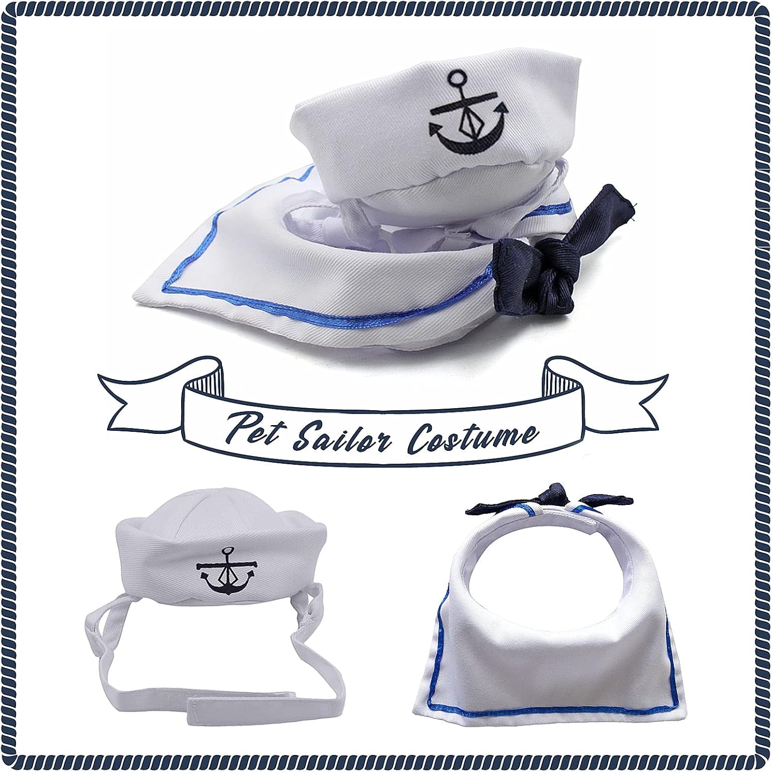 Cat Sailor Costume, Halloween Small Dog Sailor Hat Outfit with Tie, Adjustable Pet Navy Costume for Cats Doggies Rabbits Cosplay