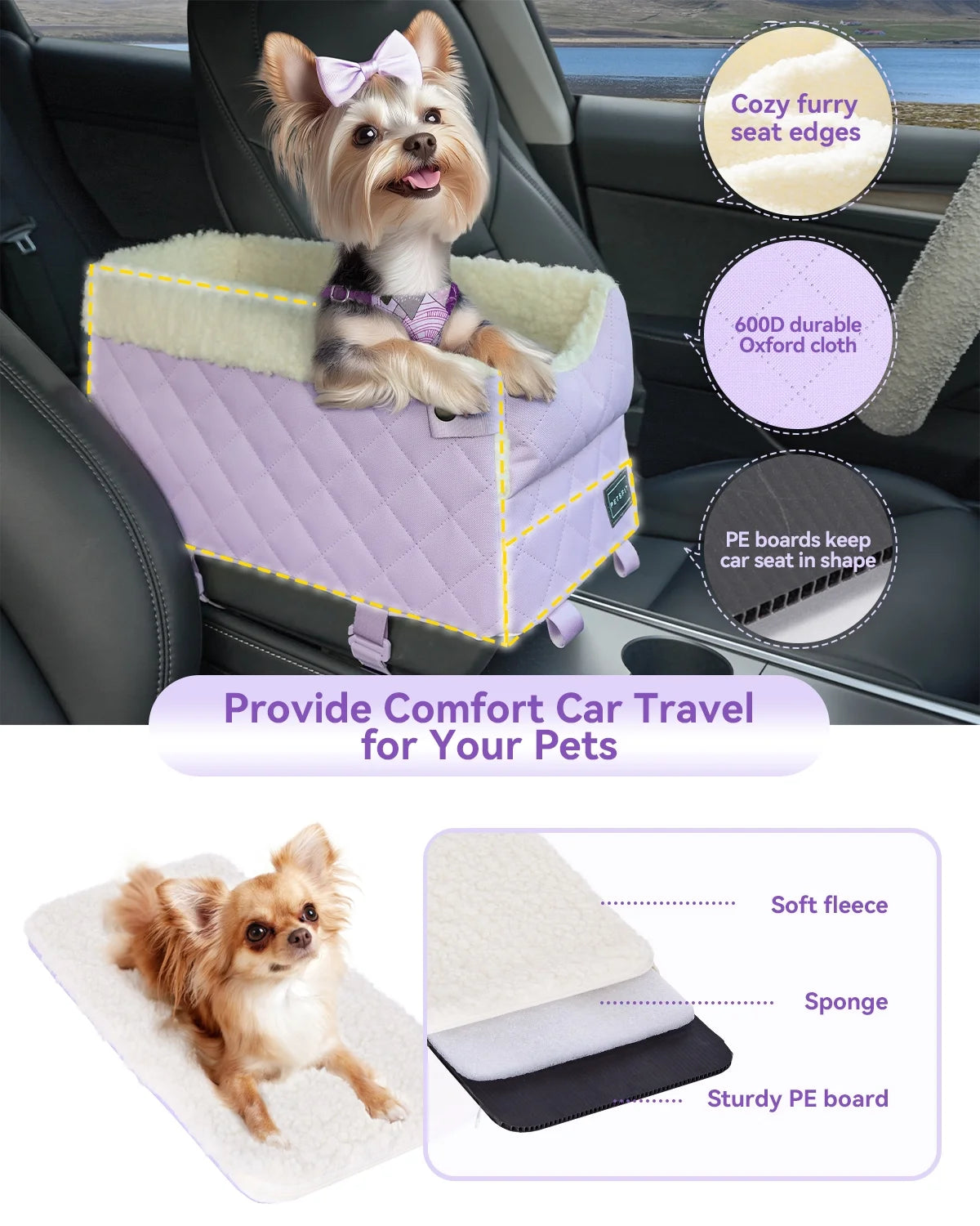 Cat Car Seat with Safe Protection Hooks, Center Console Dog Car Seat with Upgraded Safety Tethers, Washable Cushion, Dog Car Seats for Small Dogs up to 9 Lbs (Purple)
