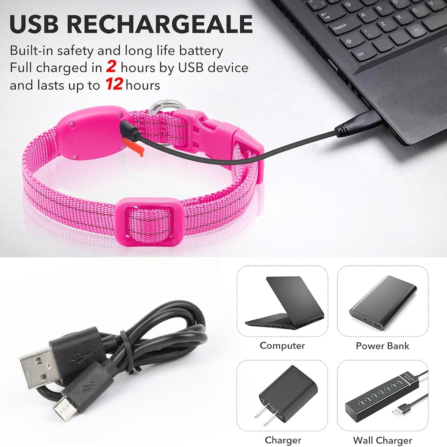 Light up Collar for Small Dogs& Cats, Reflective LED Dog Collar Rechargeable Puppy Safety Lights for Nighttime Walking (Pink)