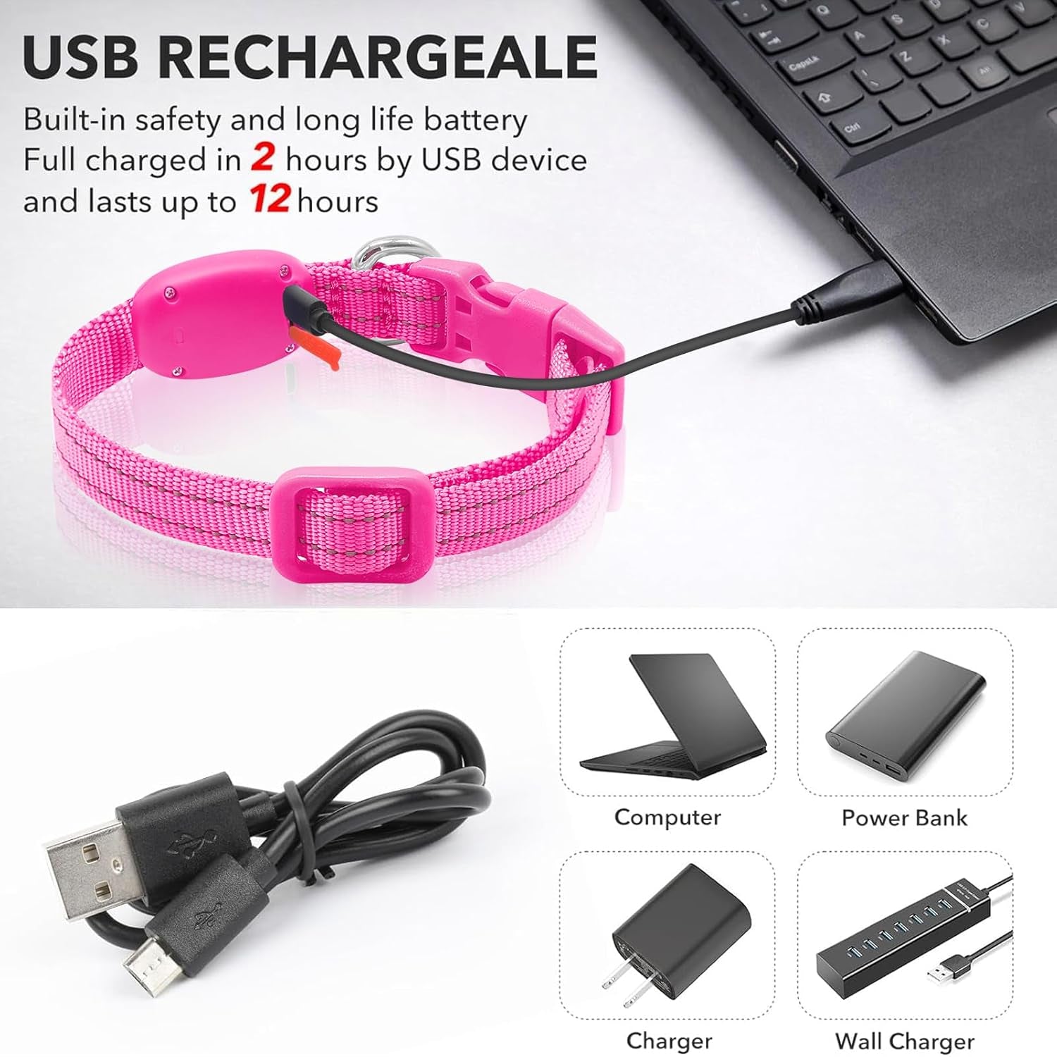 Light up Collar for Small Dogs& Cats, Reflective LED Dog Collar Rechargeable Puppy Safety Lights for Nighttime Walking (Pink)