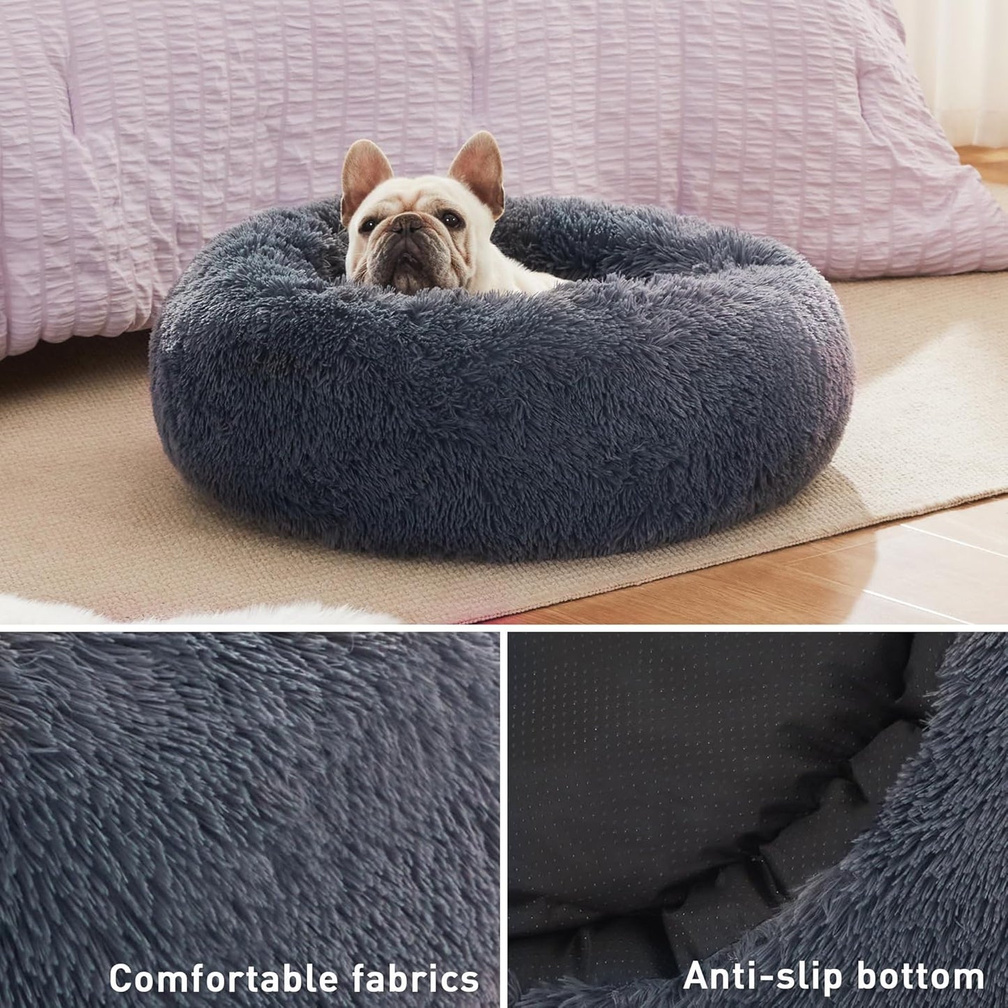Calming Cat Bed for Indoor Cats, Anti-Anxiety Donut round Dog Bed, Fluffy Faux Fur Washable Pet Bed for Small Medium Dogs and Cats,Bluish Grey,20In