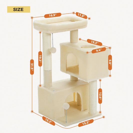 31.5" Modern Cat Tree Tower with Dual Large Condos for Kitten ＆ Medium Size Cat Beige