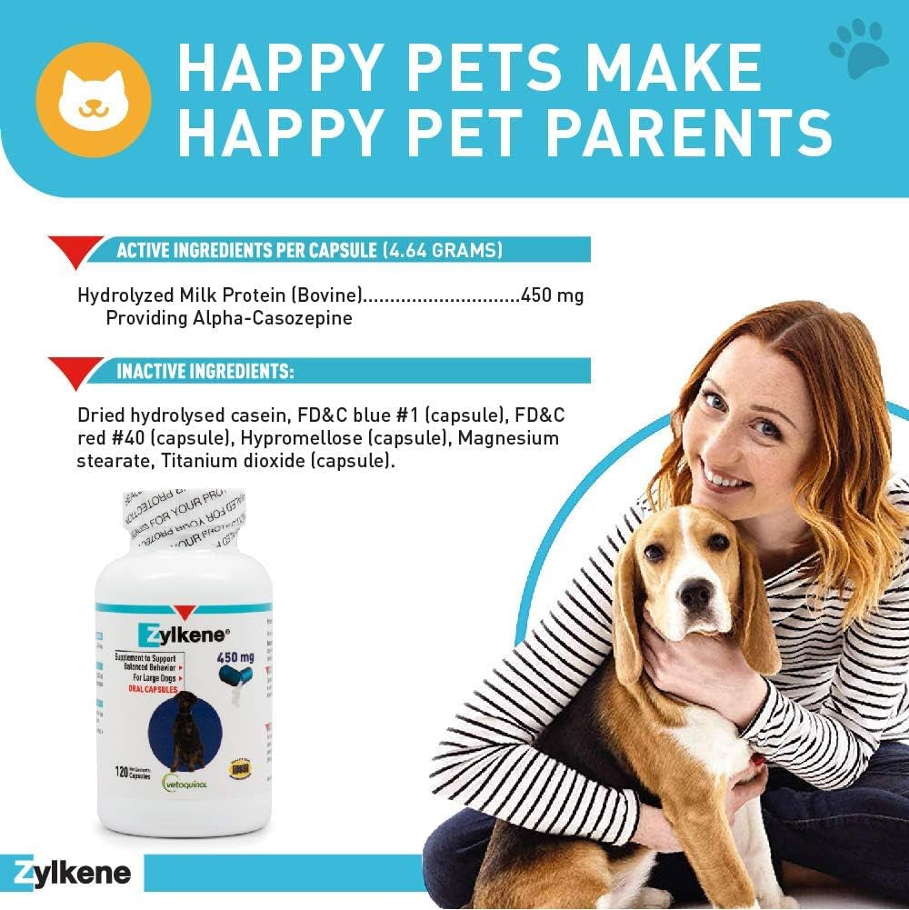 Zylkene Calming Support Supplement for Large Dogs 33-132Lbs, Promotes Relaxation, Reduces Stress, and Supports Occasional Anxiety Relief for Dogs, 450Mg - 120 Capsules