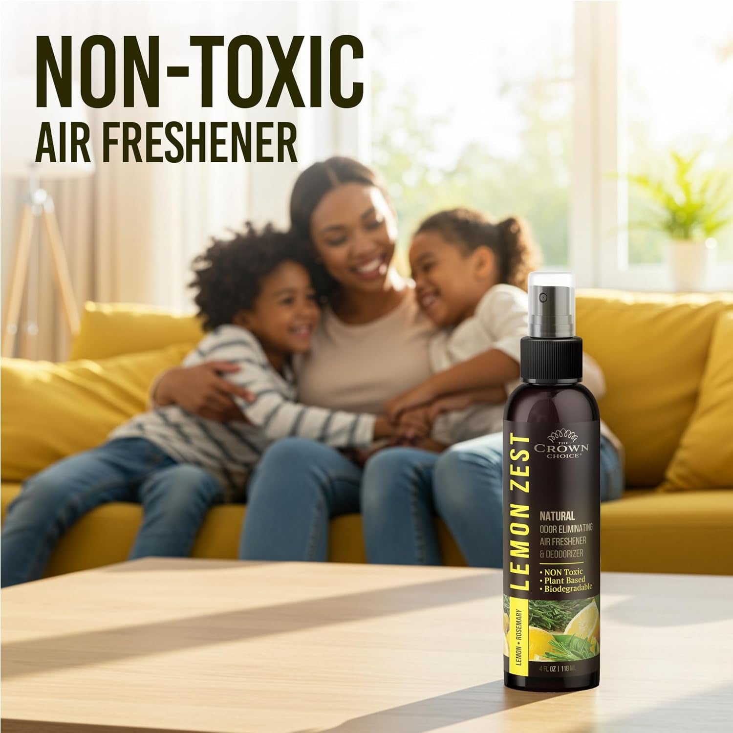 Non-Toxic Odor Eliminator, Natural Citrus Lemon Zest Air Freshener Spray for Home, Room, Closet & Couch Deodorizer, Long Lasting Bathroom & Toilet Freshener, Safe for Kids & Pets - 2 PK - 4 Oz Each